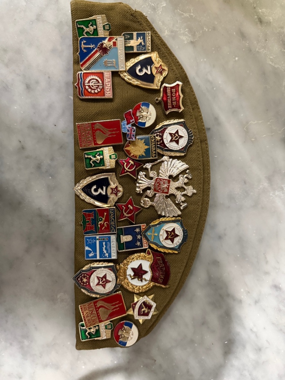 Vintage Military Style Olive Garrison Cap with Pins